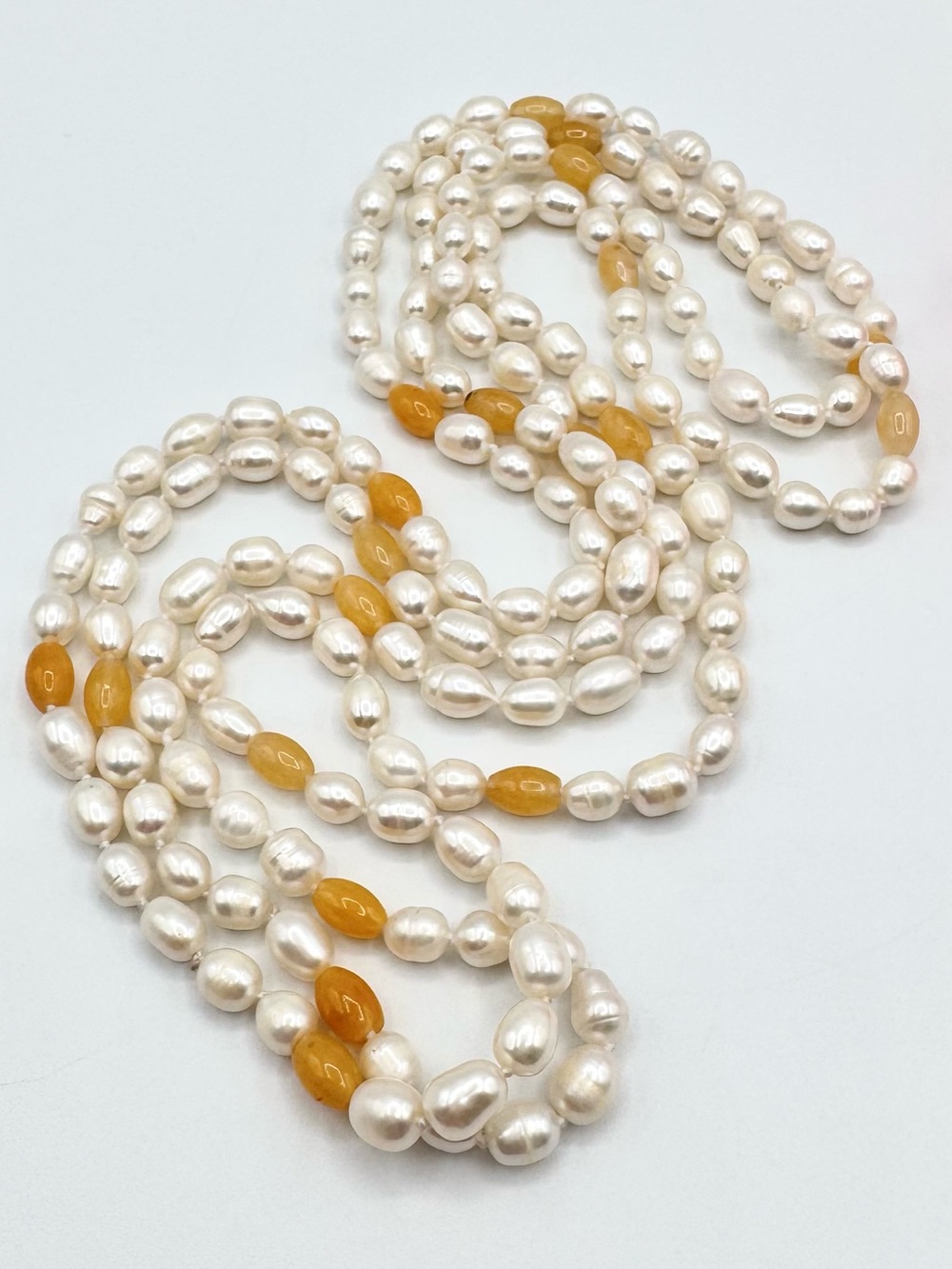 Flapper Length Cultured Pearl and Peach Gemstone Necklace Knotted Beachy Summery